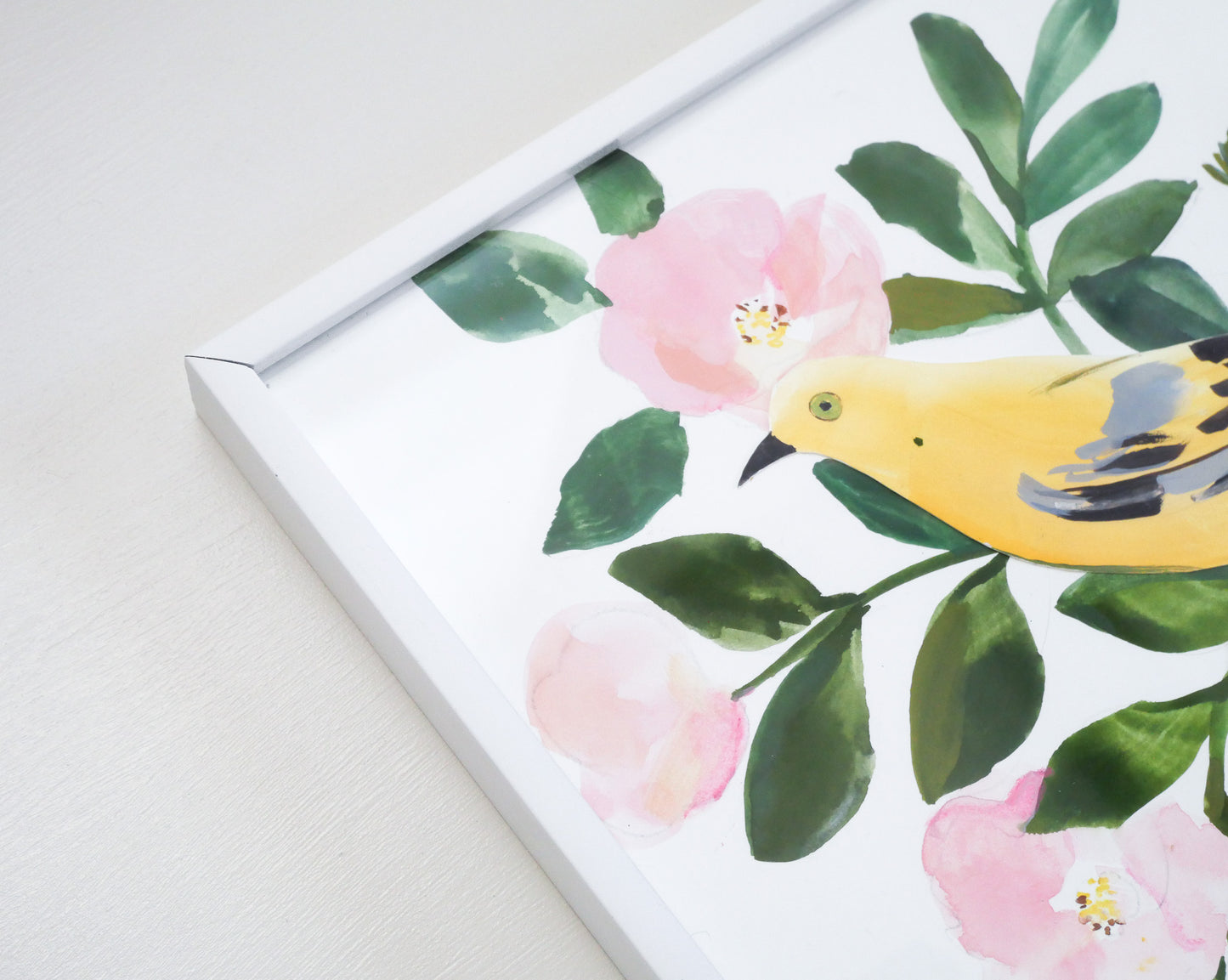 Detail of gouache collage featuring yellow bird among beach roses. Original contemporary artwork with clean composition and painterly botanical elements.