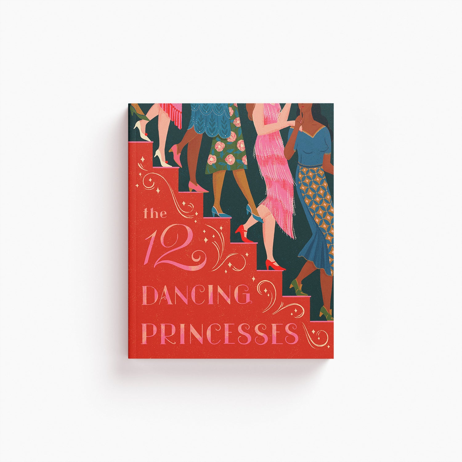 Book cover of 'The 12 Dancing Princesses' with illustrated princesses walking down a staircase on a red background