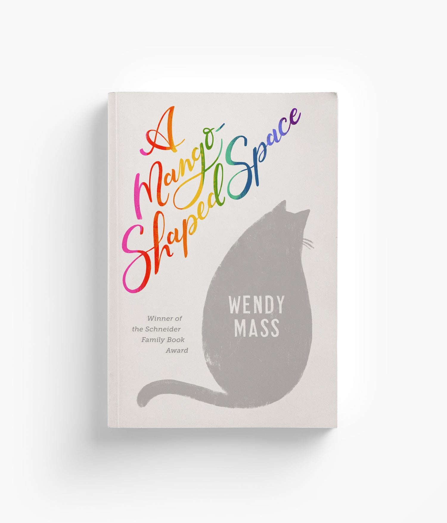 Book cover of 'A Mango-Shaped Space' by Wendy Mass with colorful text and a gray cat silhouette on a white background.