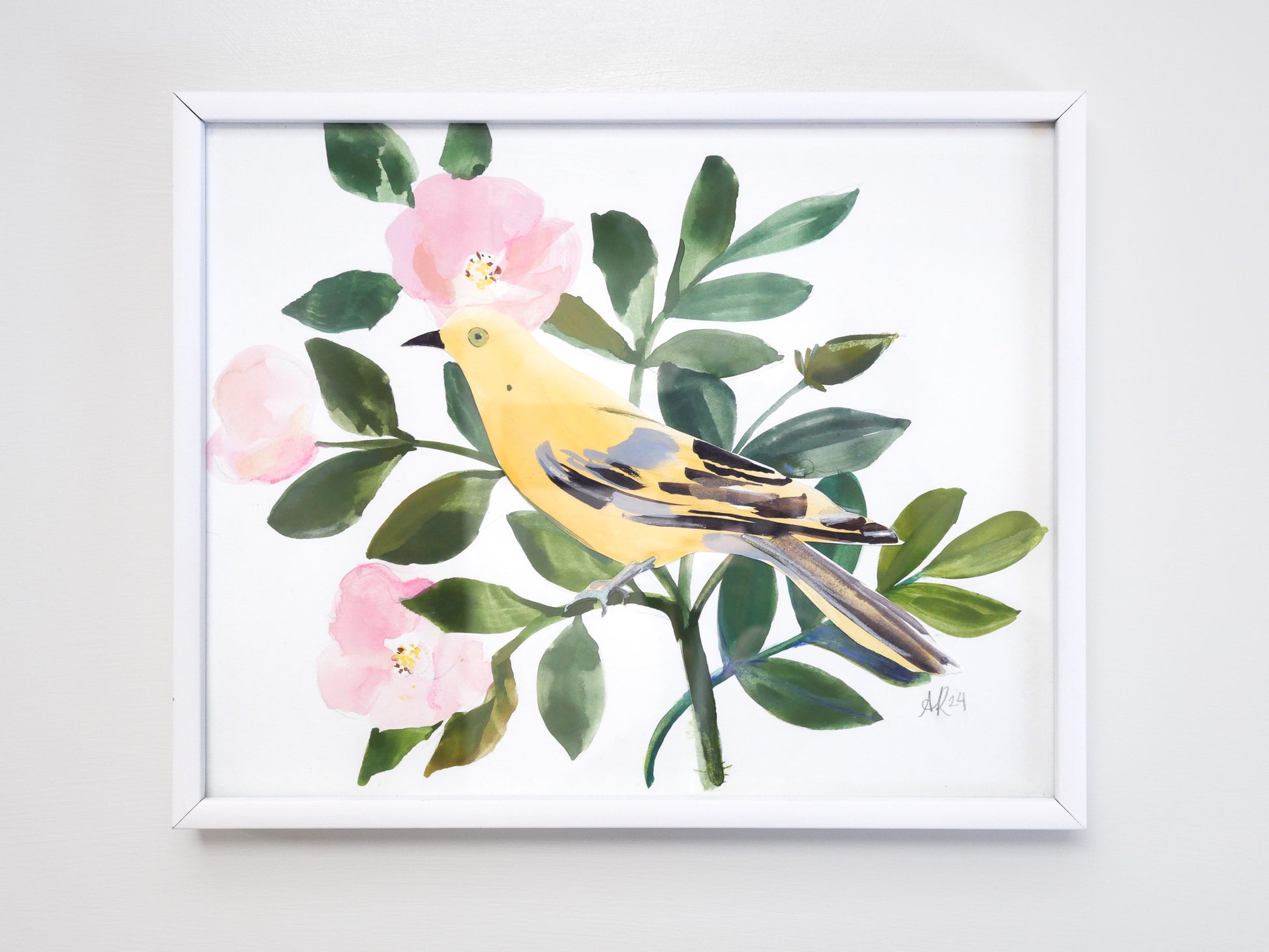 Gouache collage featuring yellow bird among beach roses. Original contemporary artwork with clean composition and painterly botanical elements. 