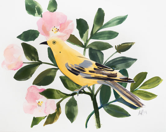Gouache collage featuring yellow bird among beach roses. Original contemporary artwork with clean composition and painterly botanical elements. 