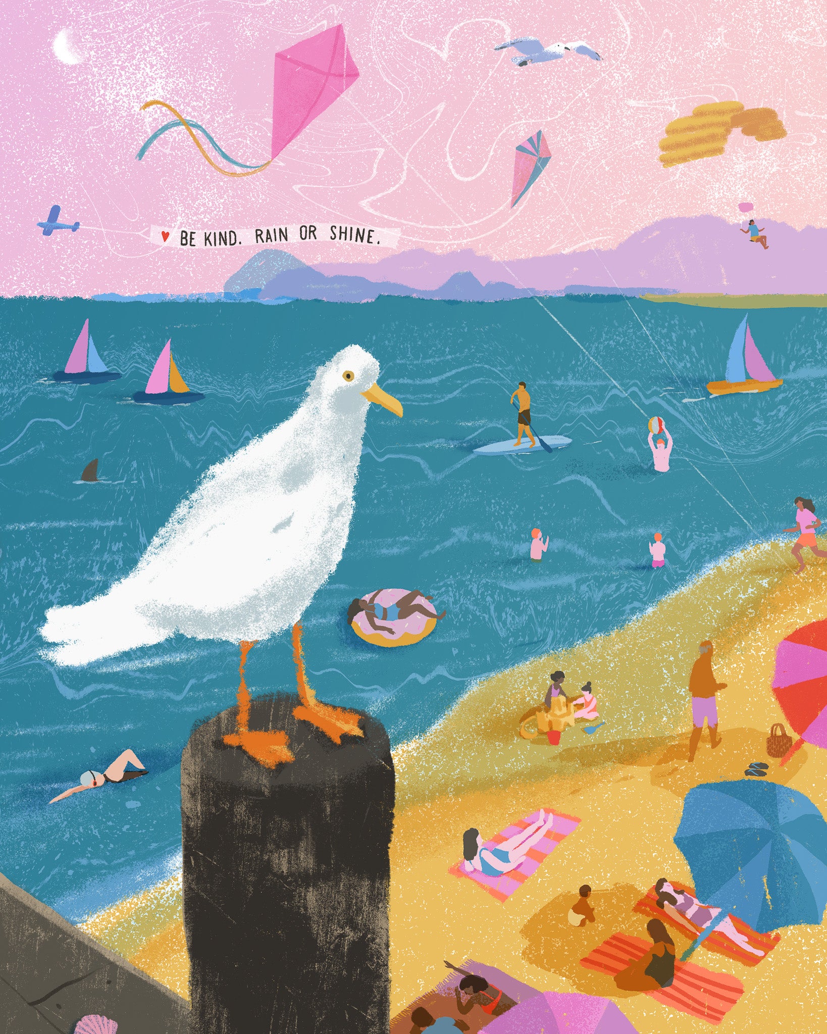 Illustration of a seagull on a beach with people, kites, and boats in the background.
