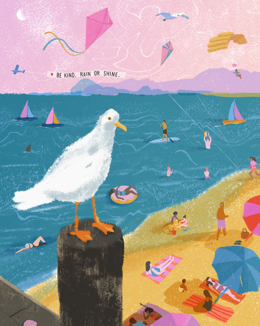 Illustration of a seagull on a beach with people, kites, and boats in the background.
