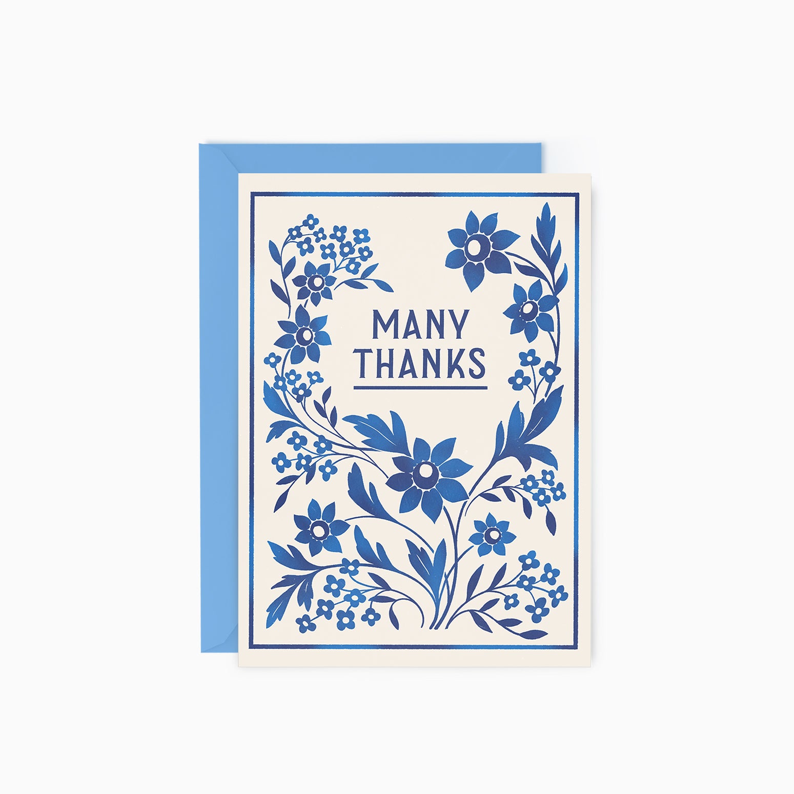 Greeting card with blue floral design and 'Many Thanks' text on a white background