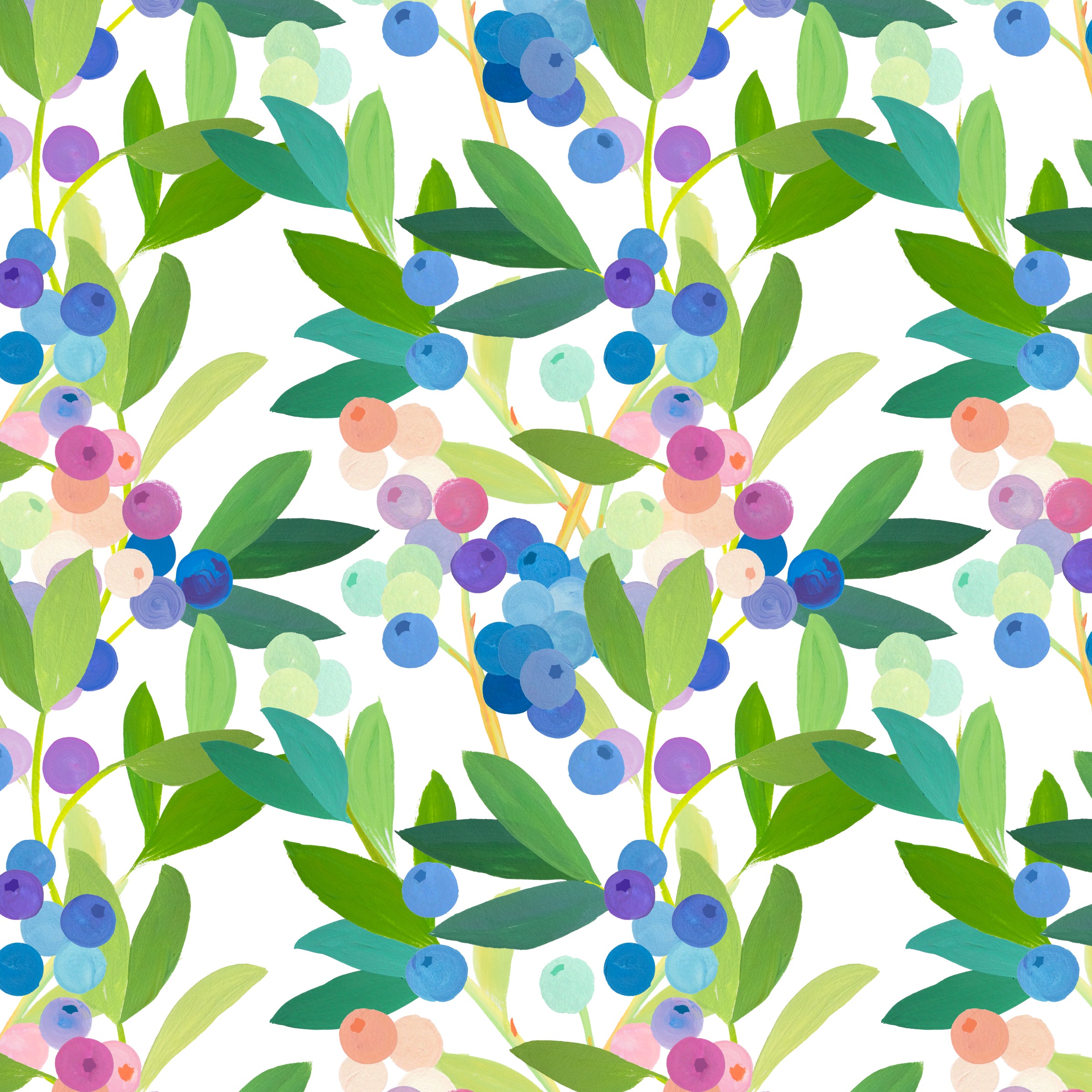 Pattern of colorful berries and leaves on a white background