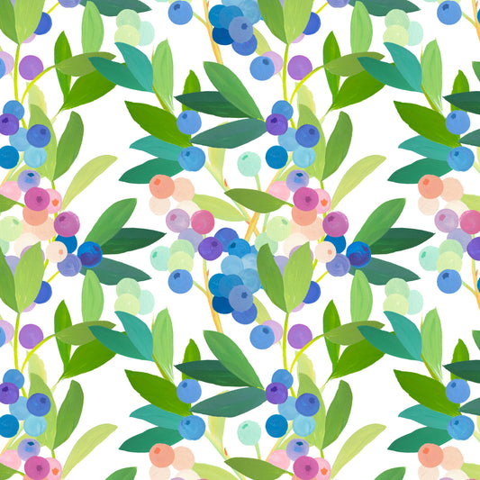 Pattern of colorful berries and leaves on a white background