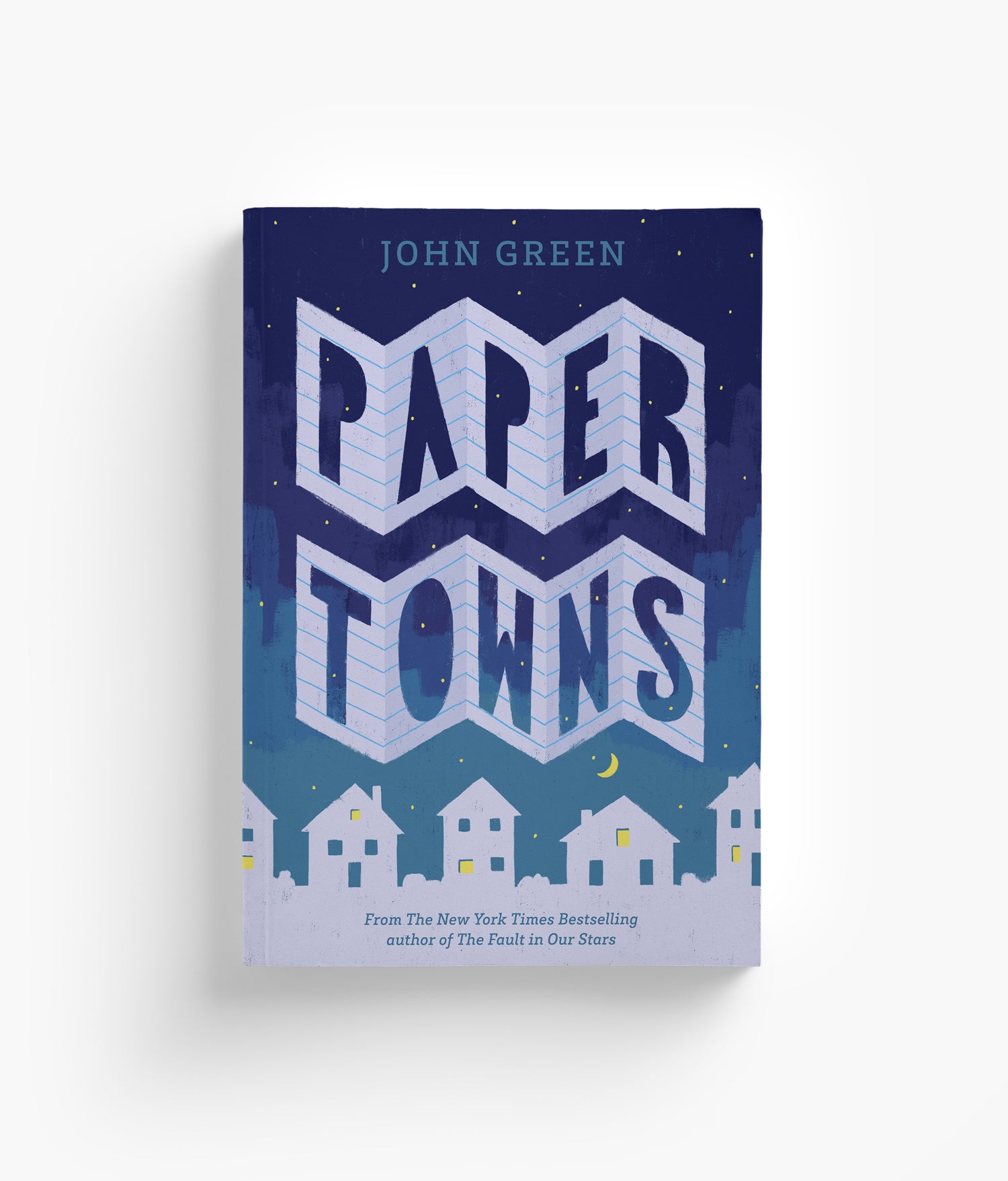Book cover of 'Paper Towns' by John Green featuring night scene and custom lettering.