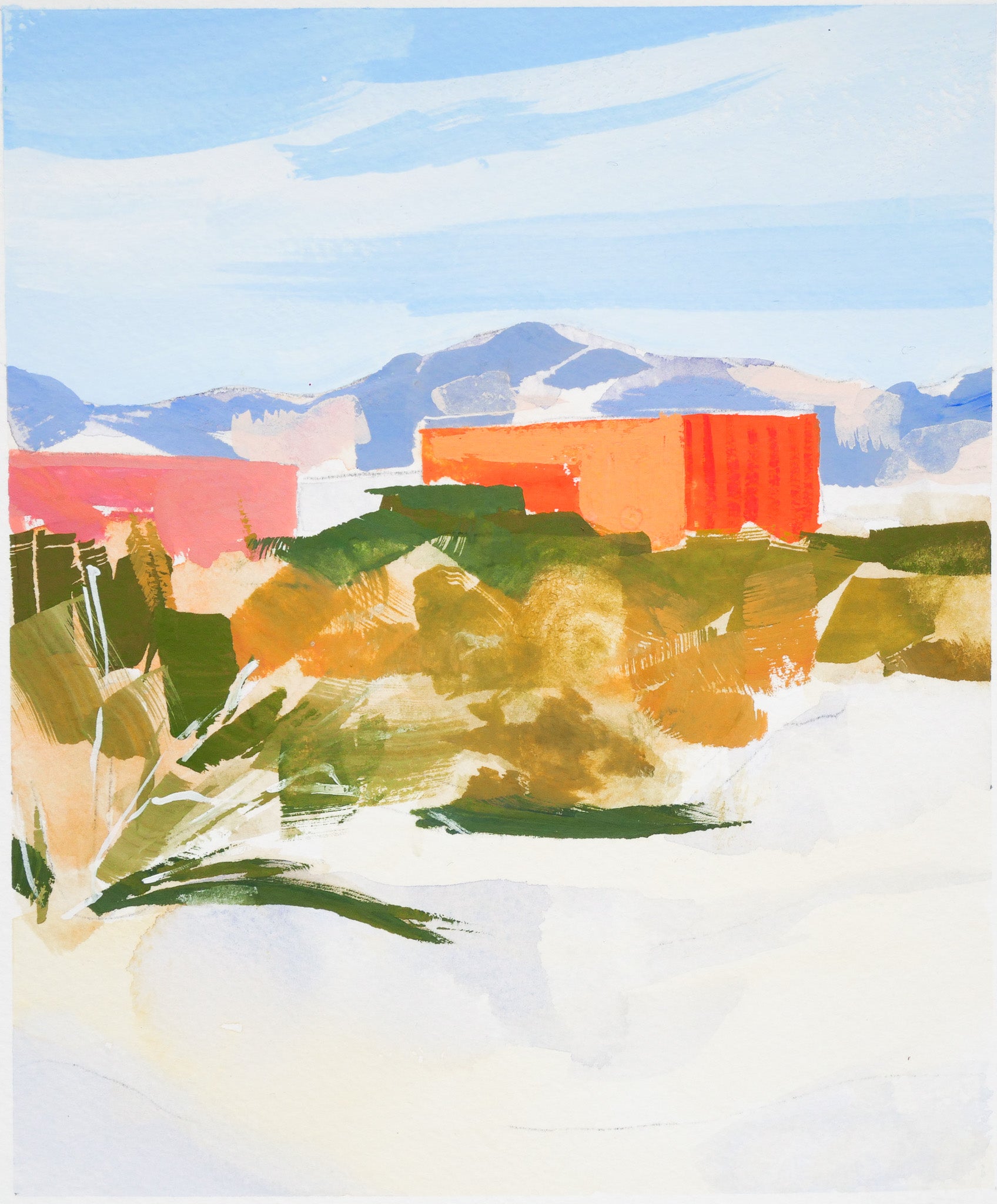 Painting of red shipping containers in the desert landscape with faint mountains in the distance. 