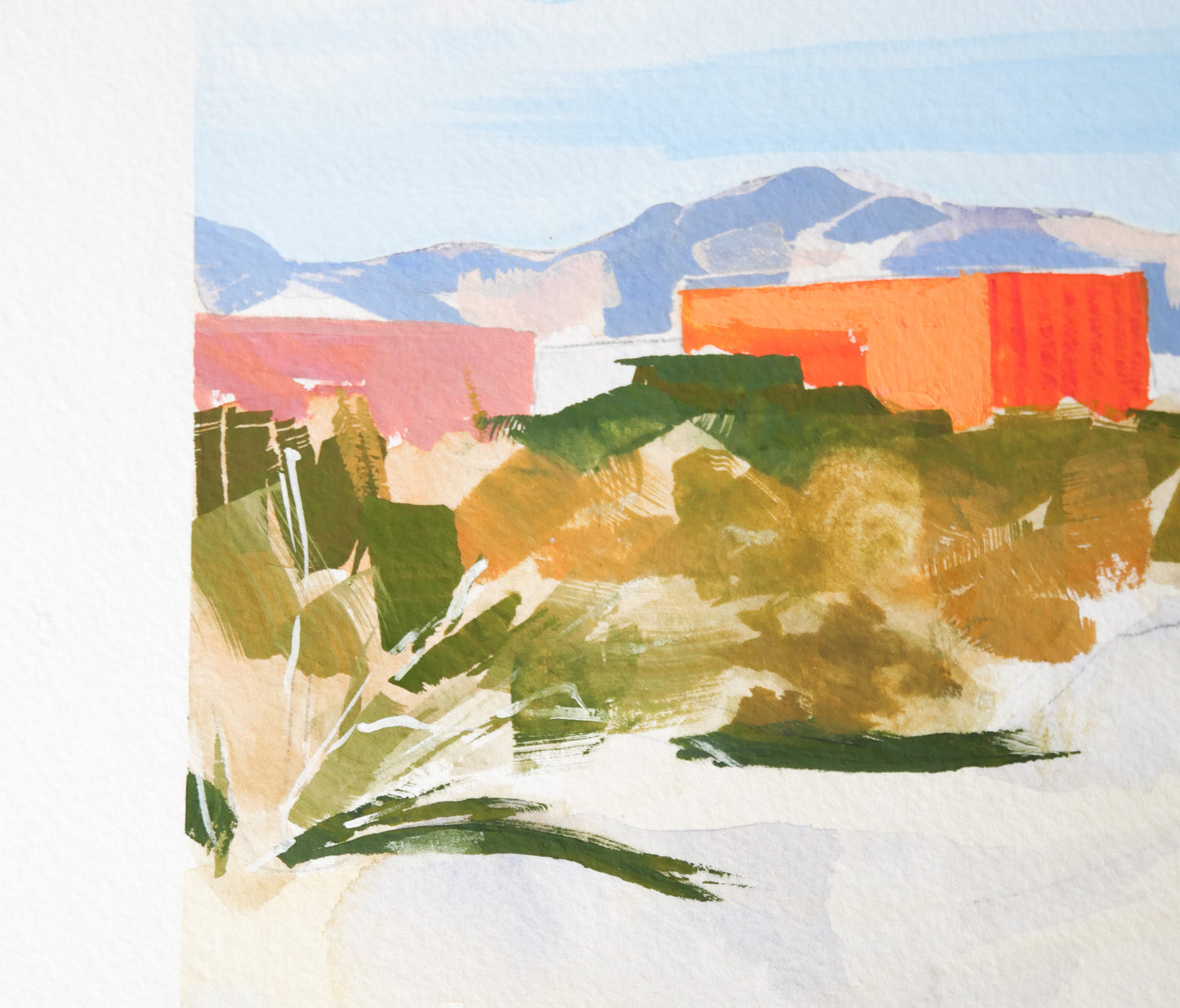 Detail of painting of red shipping containers in the desert landscape with faint mountains in the distance. 
