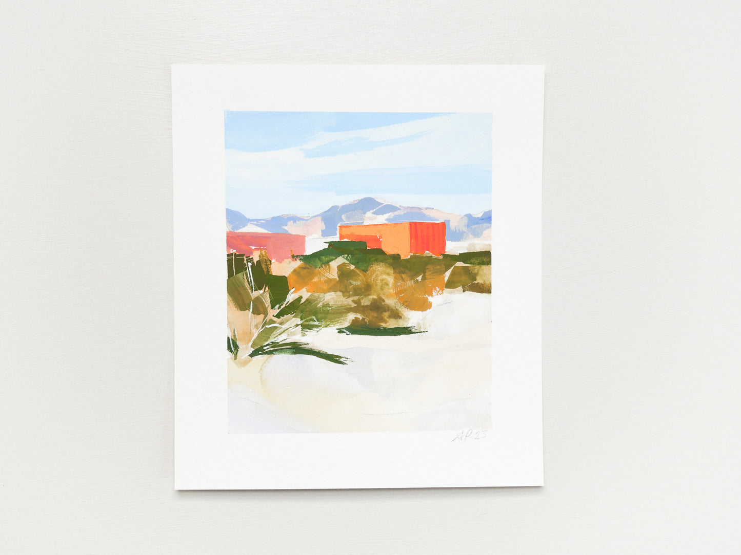 Painting of red shipping containers in the desert landscape with faint mountains in the distance. 