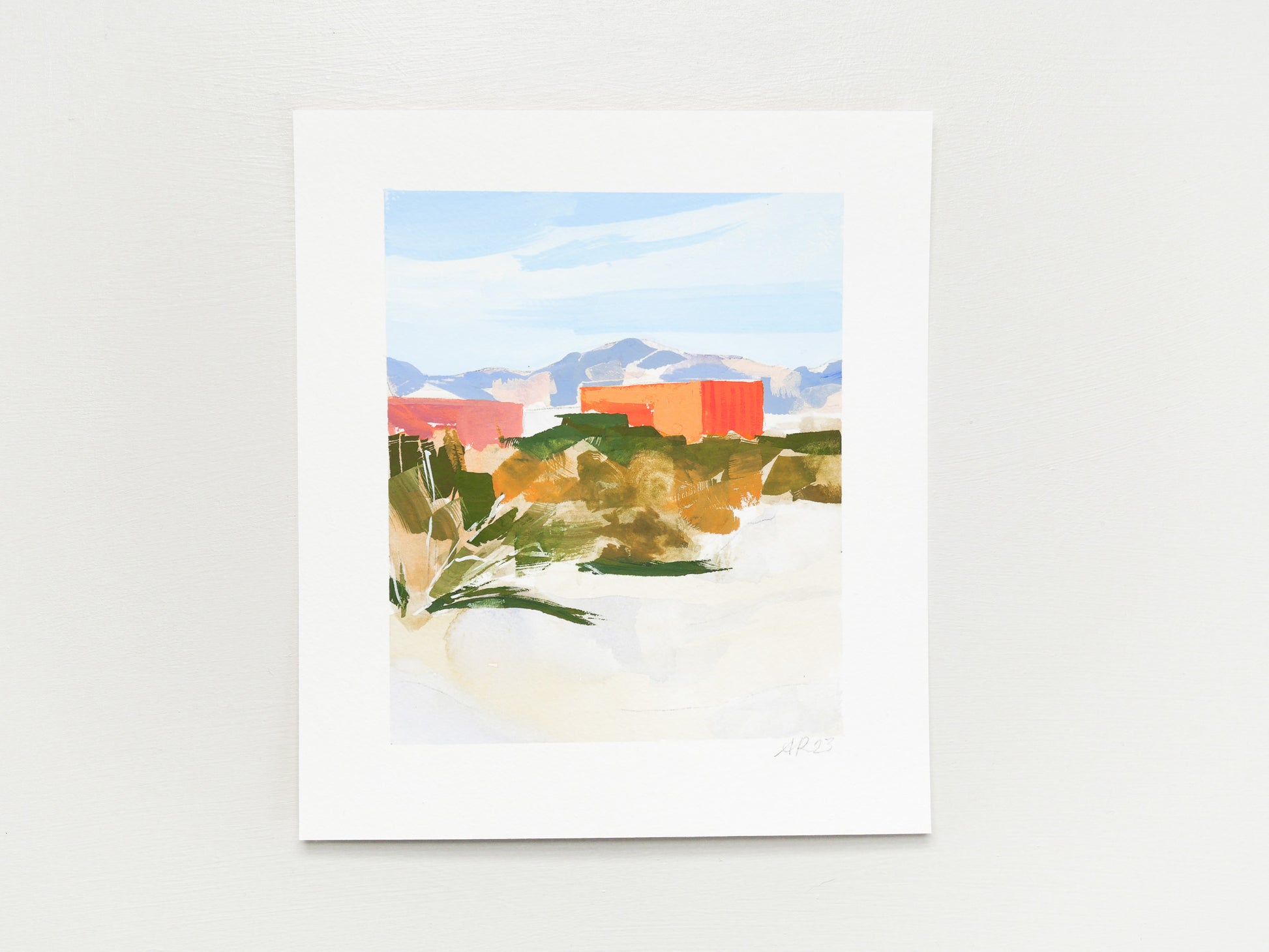 Painting of red shipping containers in the desert landscape with faint mountains in the distance. 