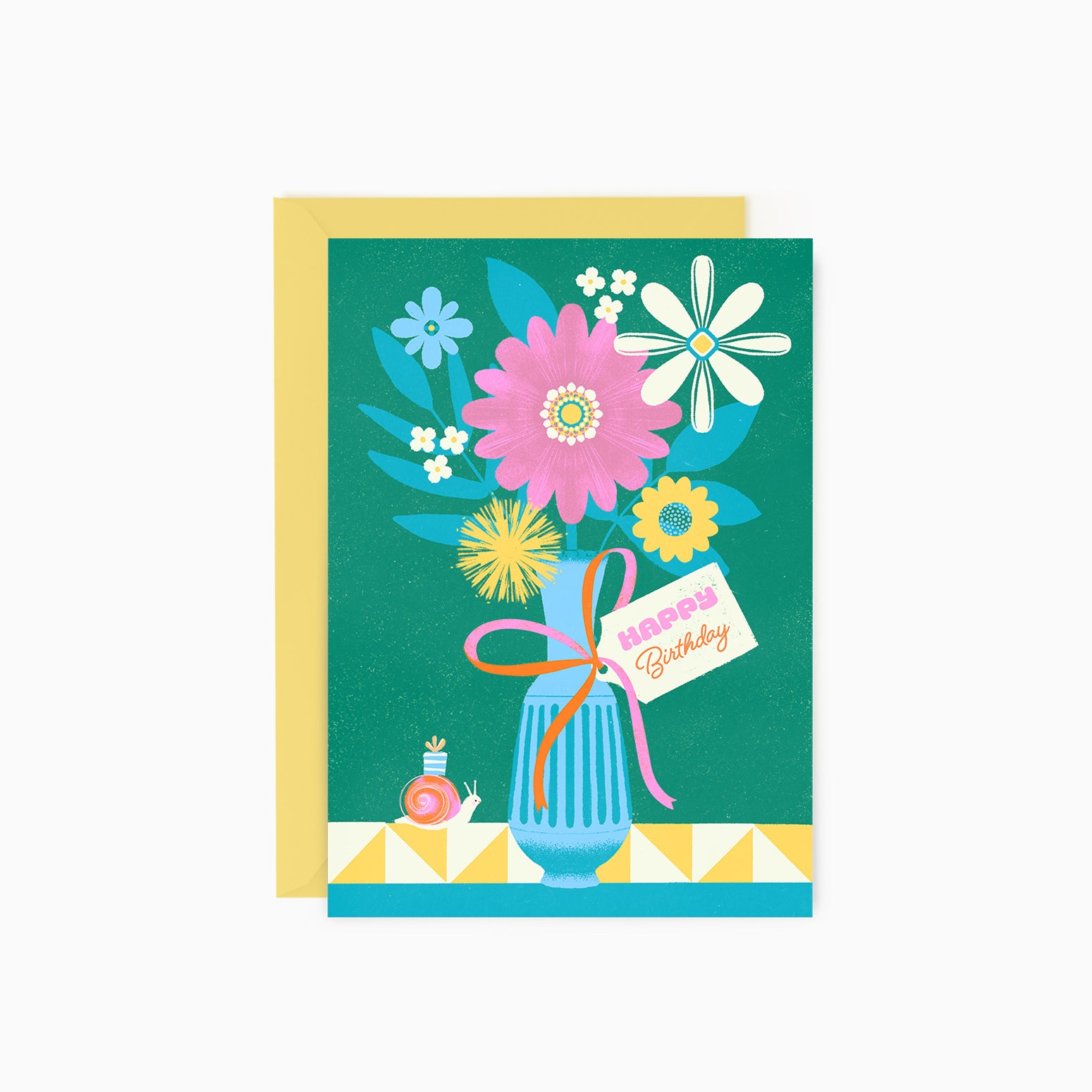 Greeting card with colorful flowers and 'Happy Birthday' tag on a green background
