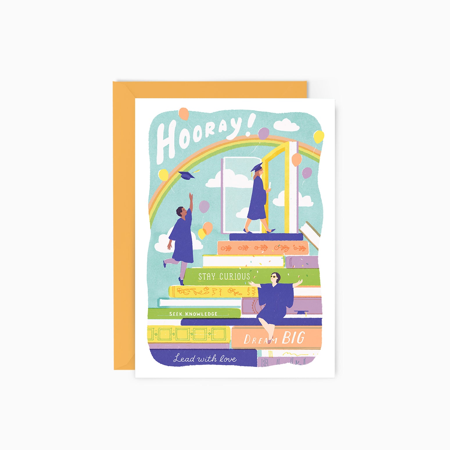 Graduation-themed greeting card with colorful design on a white background