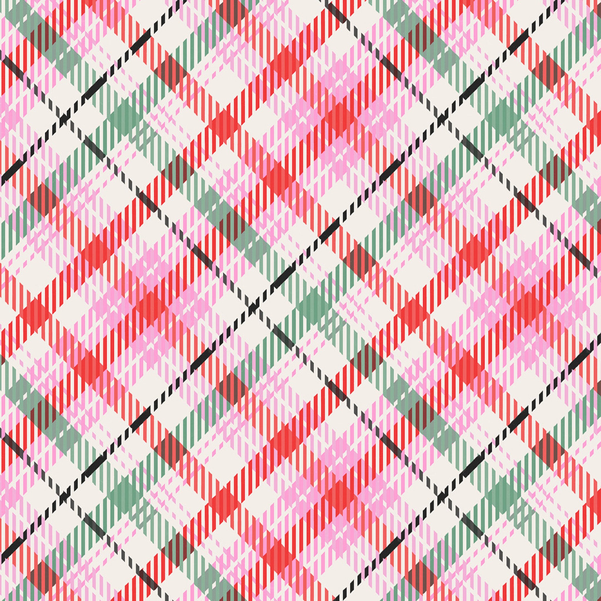 Plaid pattern with red, green, and pink colors on a white background