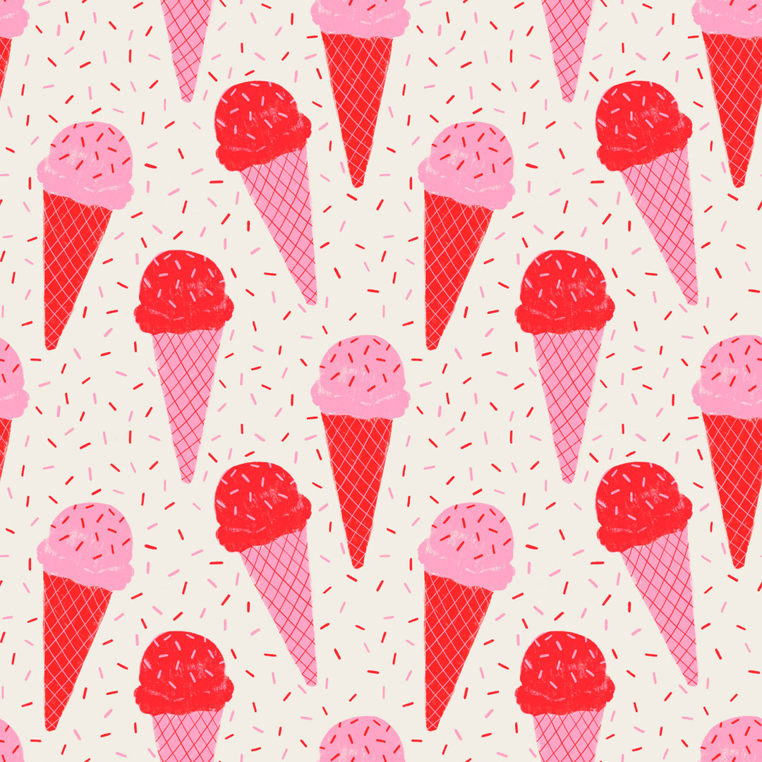 Pattern of pink and red ice cream cones with sprinkles on a white background