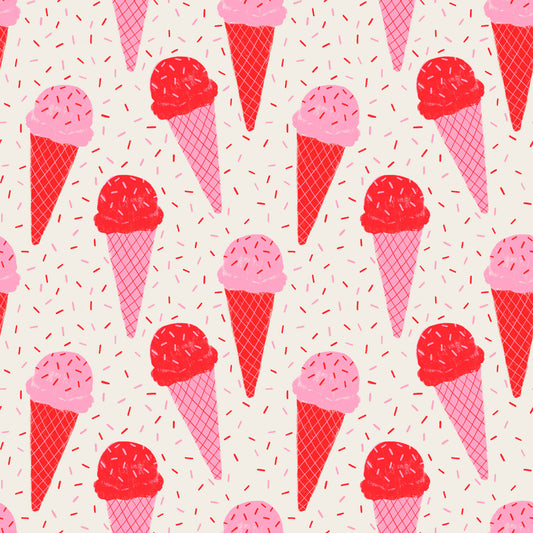 Pattern of pink and red ice cream cones with sprinkles on a white background