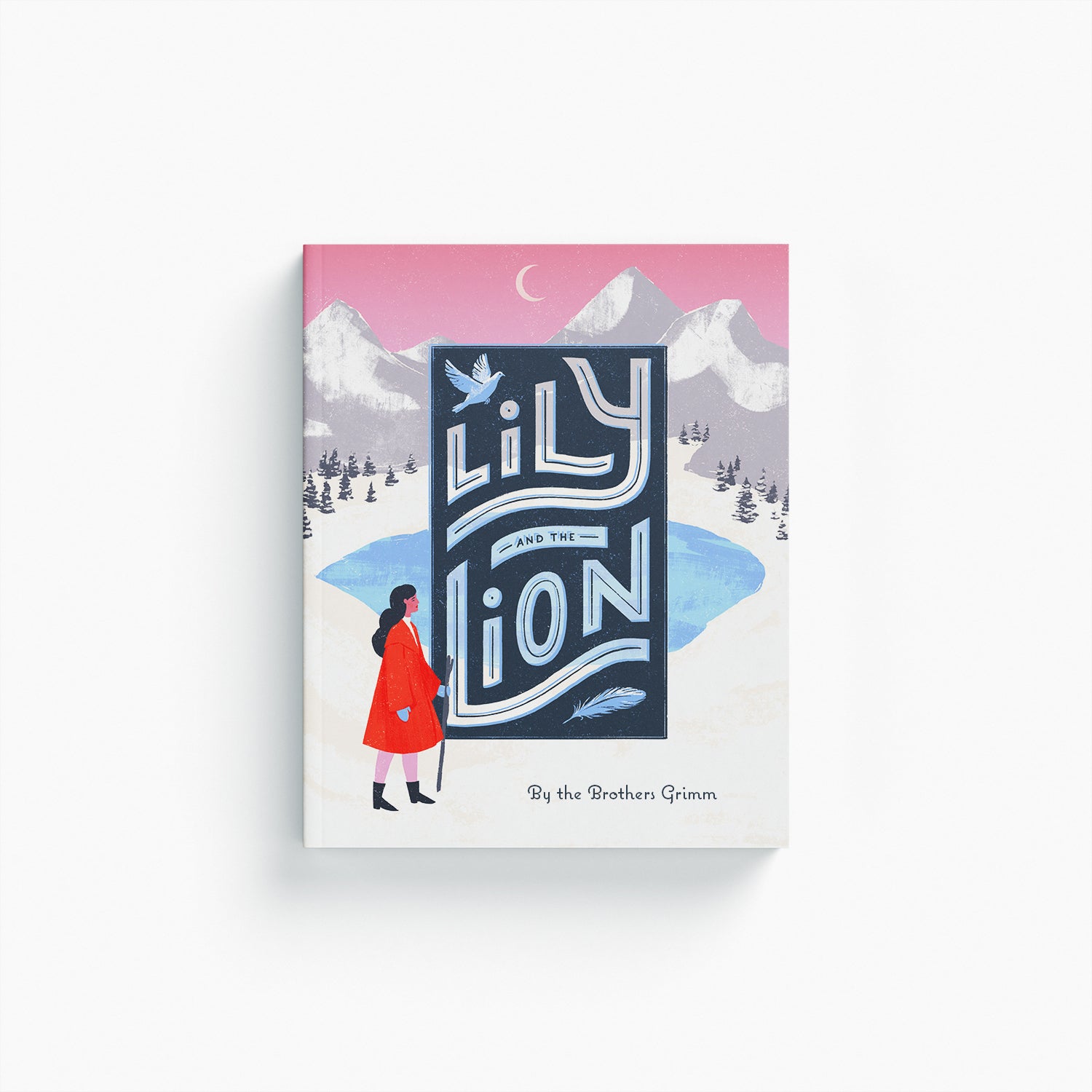 Book cover of 'Lily and the Lion' by the Brothers Grimm with a stylized illustration of a girl in a red coat and mountains in the background.