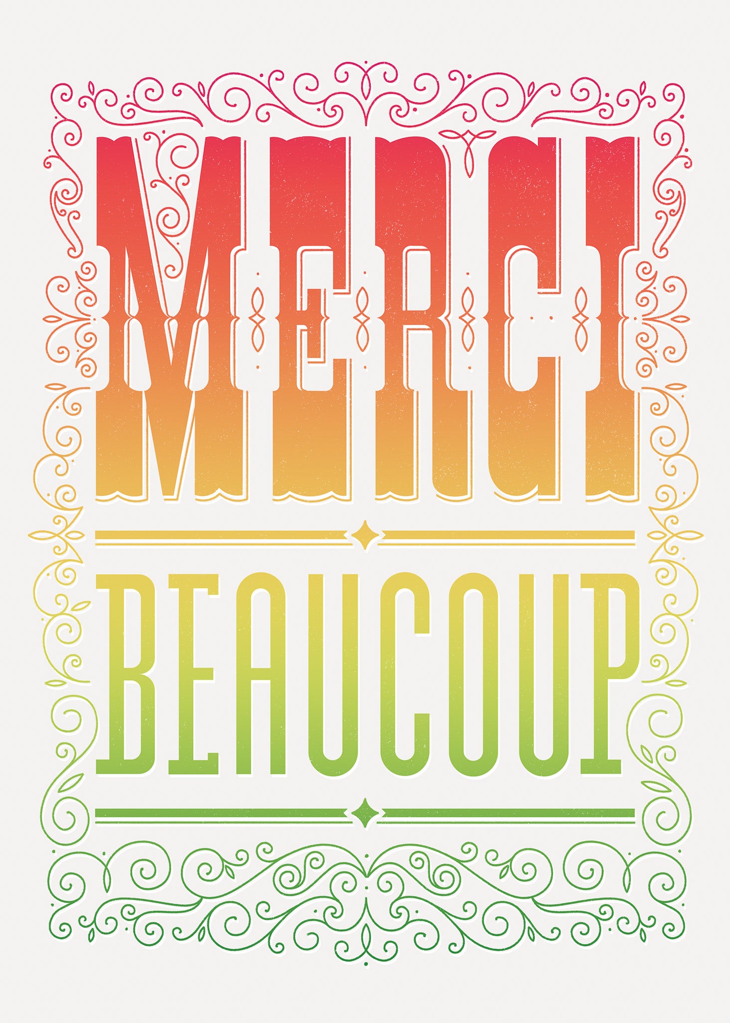 Decorative text 'Merci Beaucoup' french thank you card with a gradient color scheme on a white background.