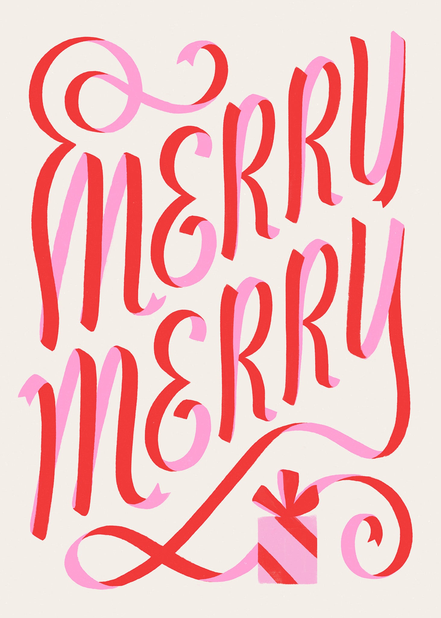 Merry Merry ribbon-like lettering and gift with a pink and red color scheme on a light background