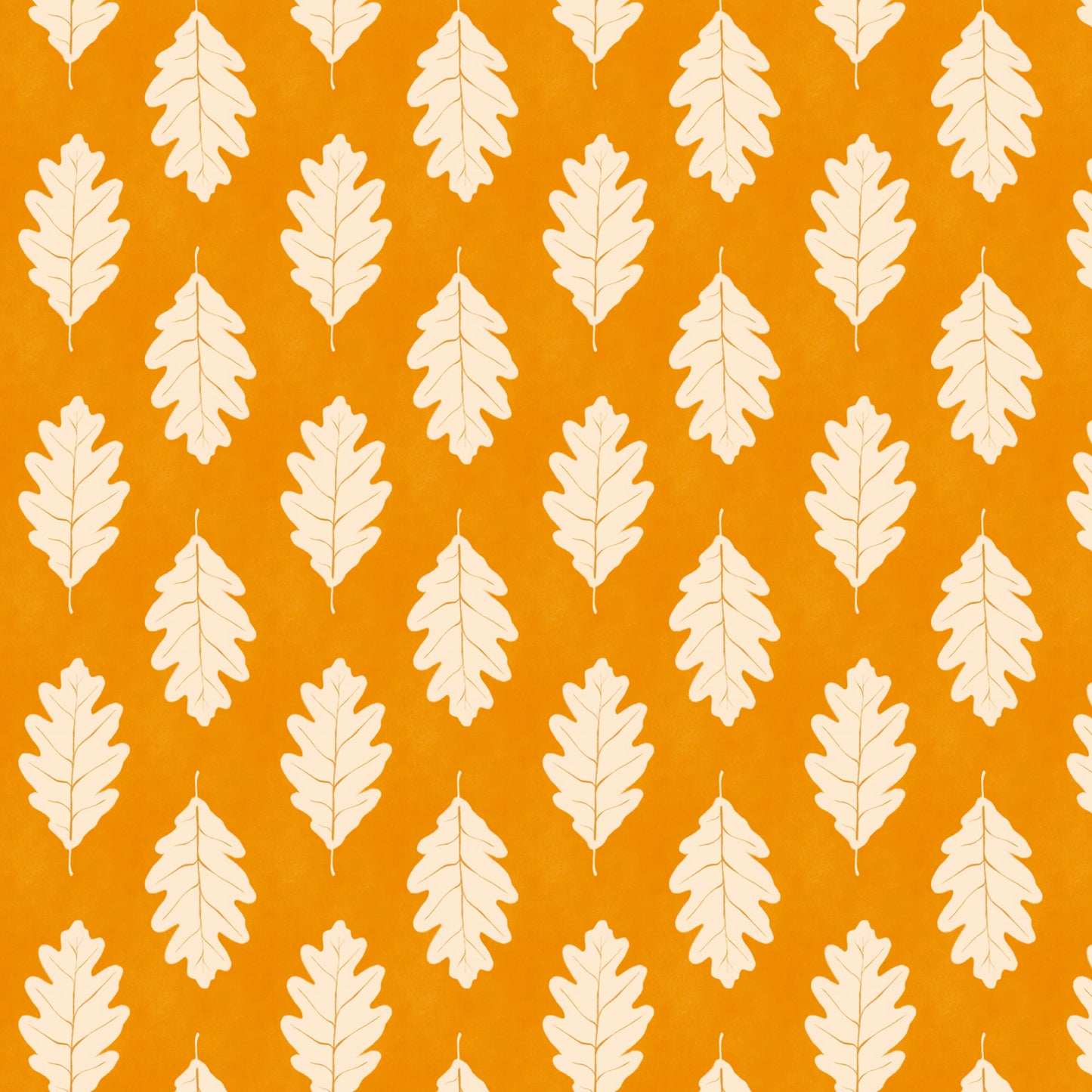 Fall pattern of white oak leaves on a orange yellow background