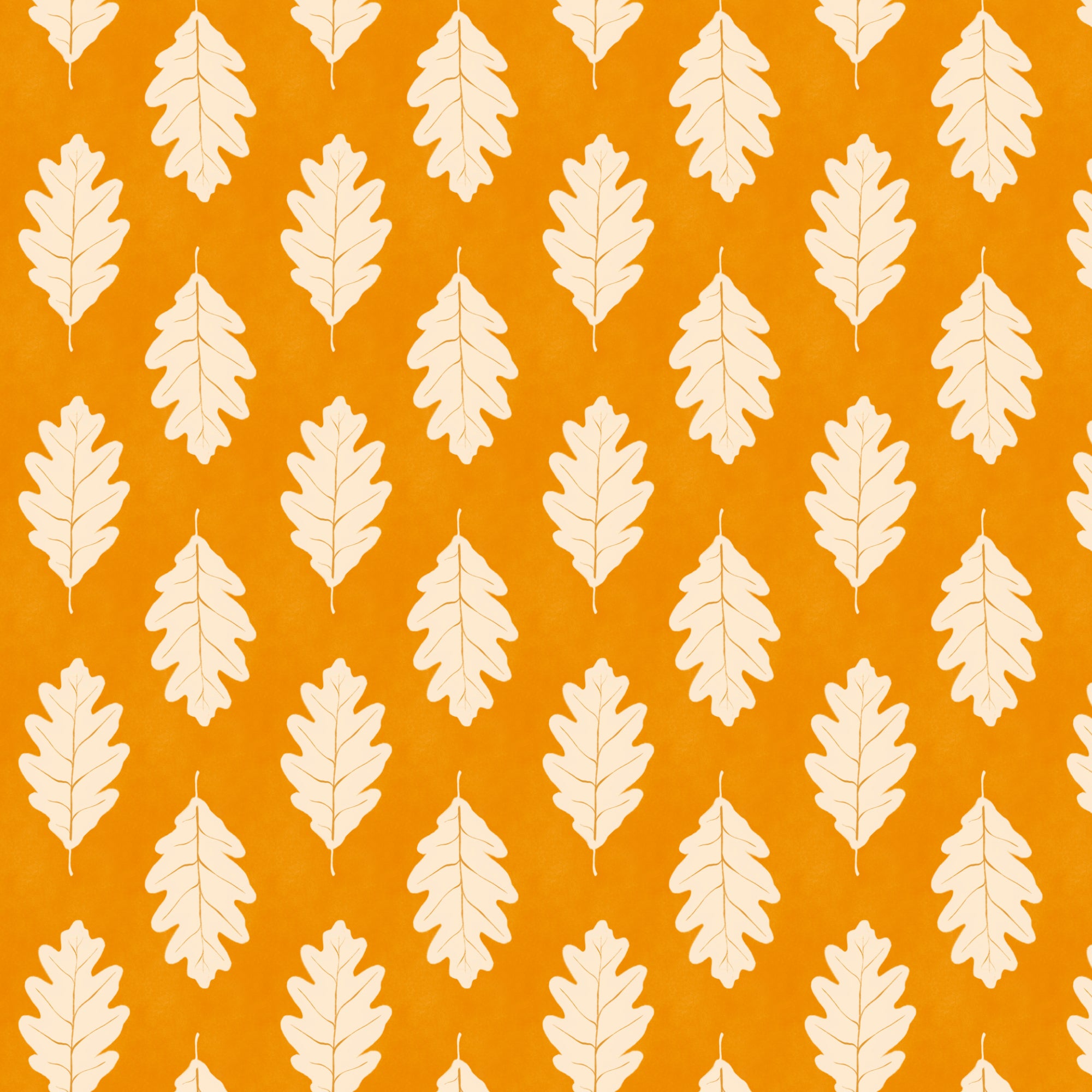 Fall pattern of white oak leaves on a orange yellow background