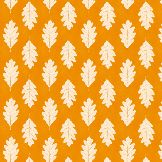 Fall pattern of white oak leaves on a orange yellow background
