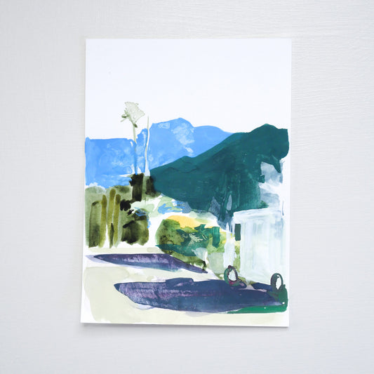 Dynamic gouache study capturing Palm Springs street scene with iconic mountains and palm trees. Expressive brushwork on hot press paper. 