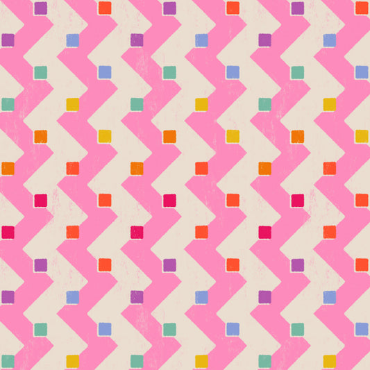 Pattern with pink zigzag lines and small colored squares on a white background