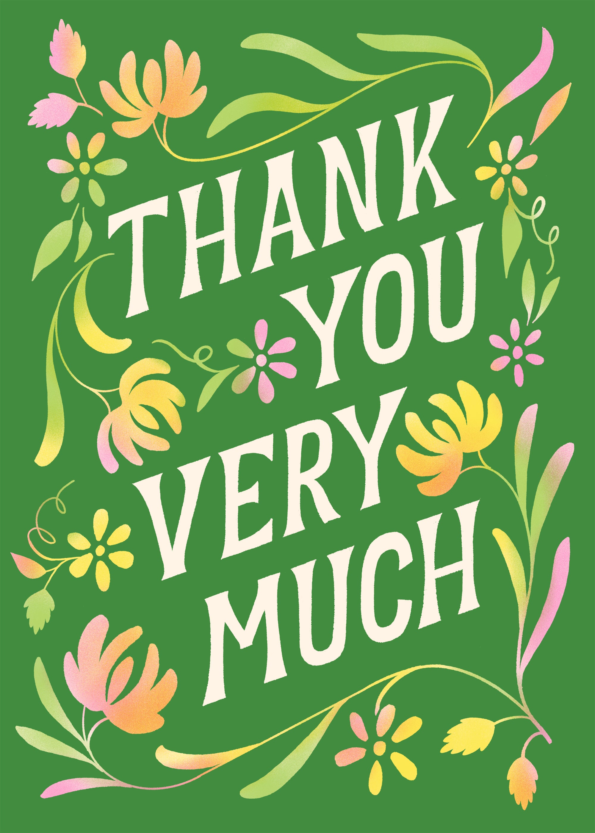 Card with 'Thank you very much' text surrounded by floral designs on a green background