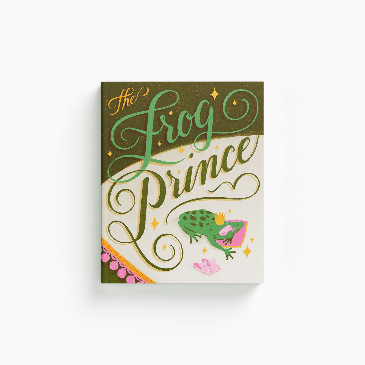 Book cover of 'The Frog Prince' with a sleeping frog on a pillow with fancy lettering