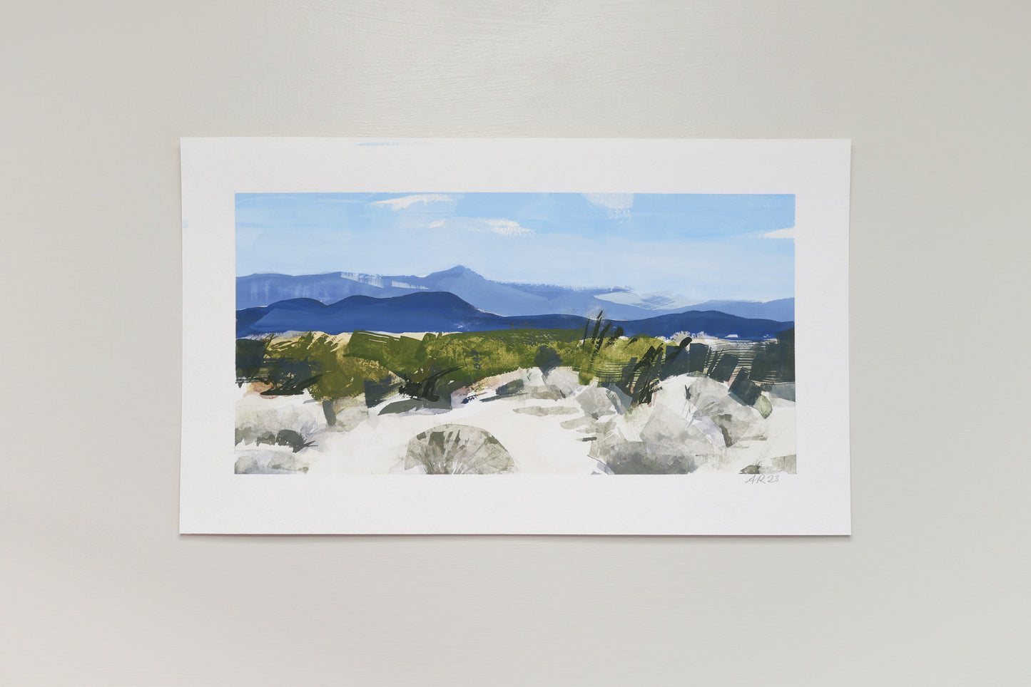 Painting of desert landscape in winter in a painterly style. Blue skies and mountains in the distance. 