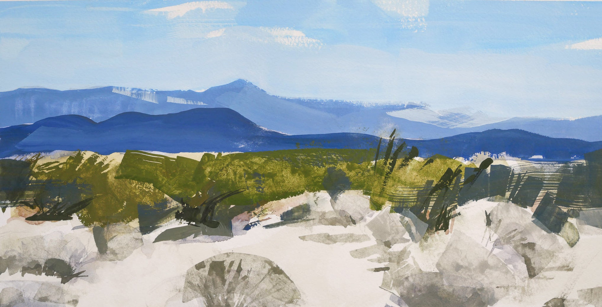 Painting of desert landscape in winter in a painterly style. Blue skies and mountains in the distance. 