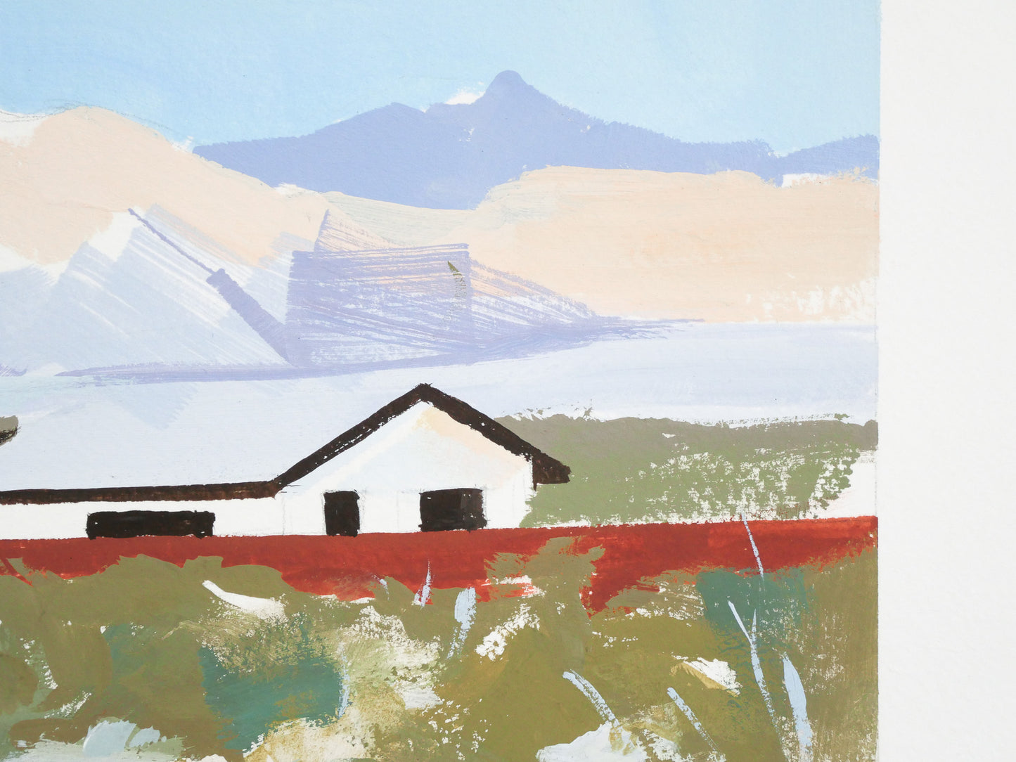 Graphic gouache painting on cold press paper featuring a desert home, foliage and mountains. A bold, modern composition with clean shapes and layered color in olive greens, burnt red, lavender hues and peach tones.