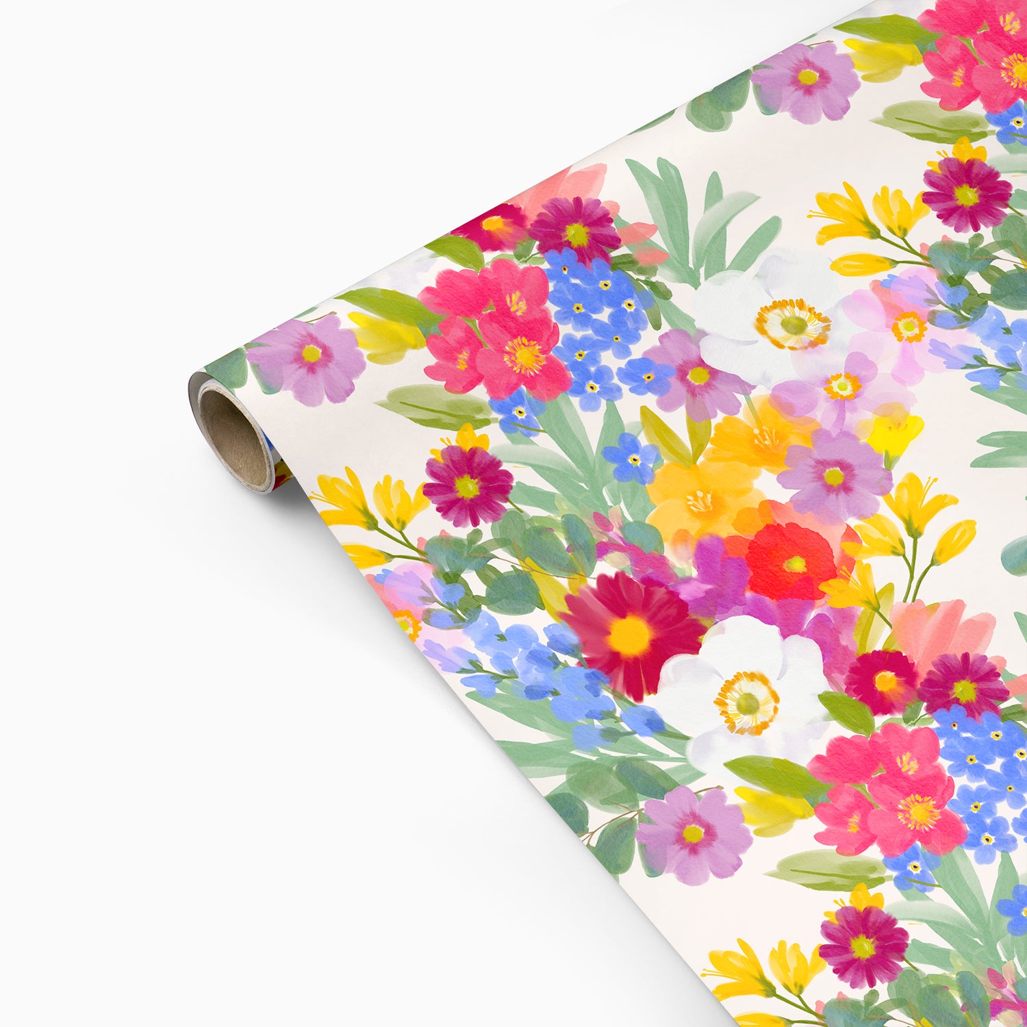 Roll of floral-patterned paper with colorful flowers on a white background