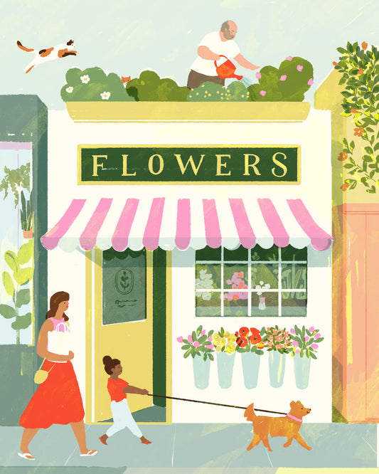 Illustration of a flower shop with people and a dog walking by.