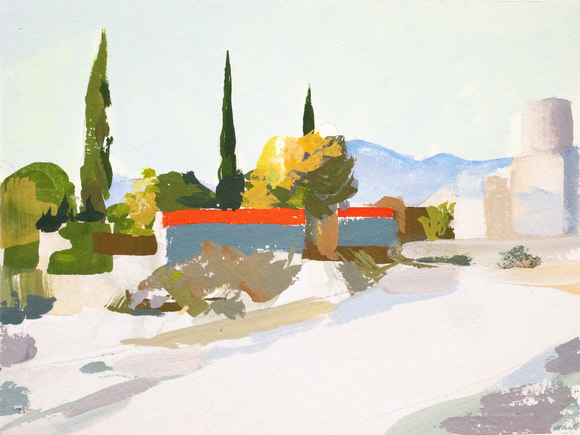 Bright modern desert landscape with trees, buildings, and bold color. Red-lidded dumpsters create bold geometric graphic shapes in the composition.
