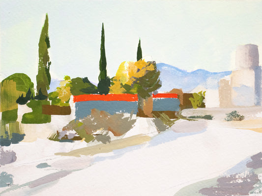 Bright modern desert landscape with trees, buildings, and bold color. Red-lidded dumpsters create bold geometric graphic shapes in the composition.