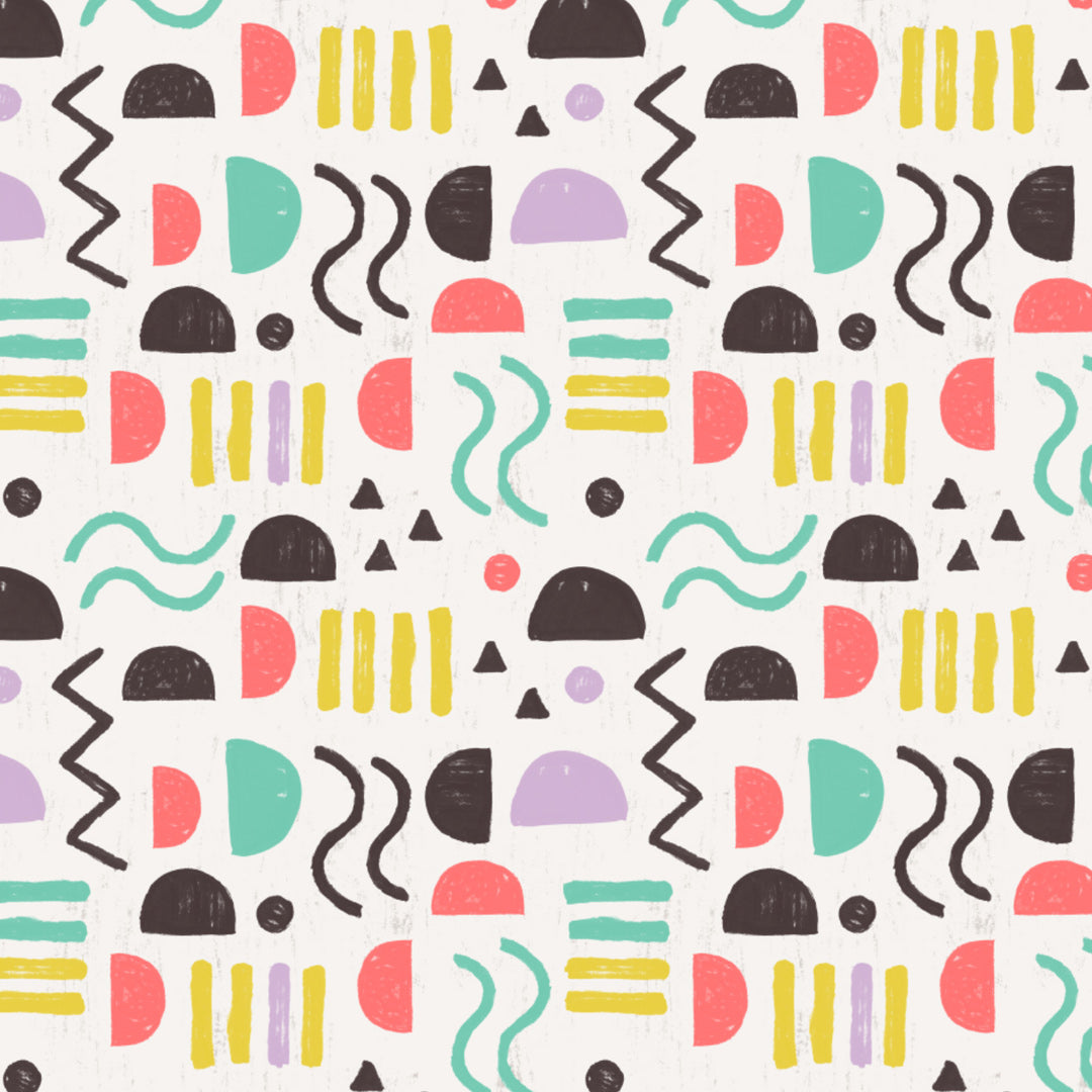 Pattern of colorful geometric shapes on a white background
