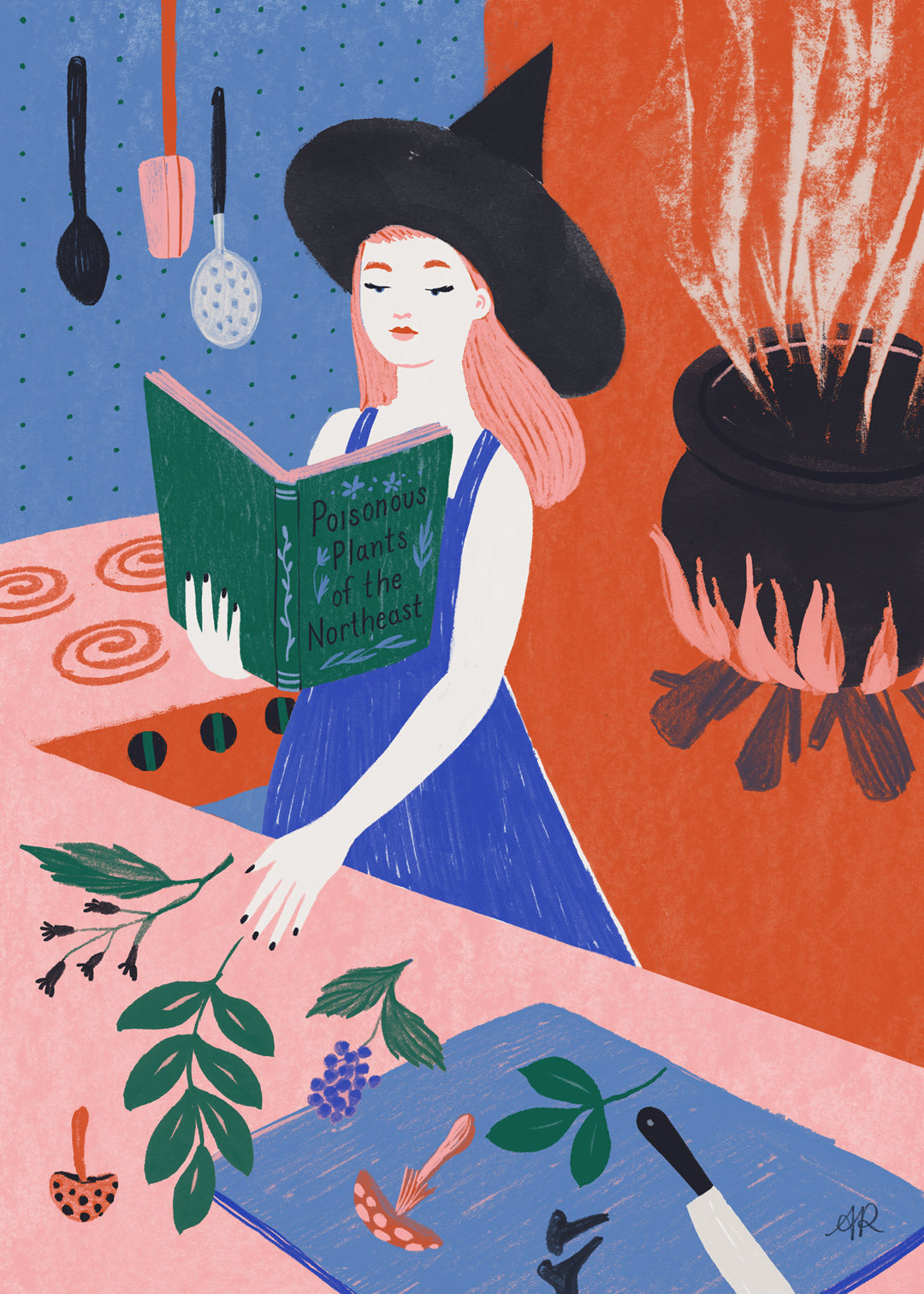 Illustration of a witch reading a book in a kitchen setting with plants and cooking utensils.
