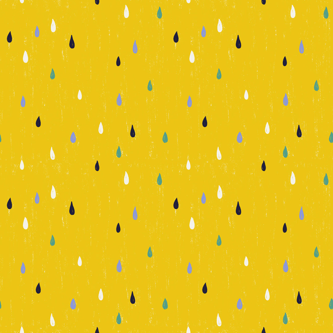 Pattern of colorful raindrops on a yellow background