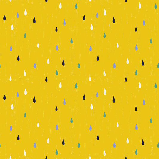 Pattern of colorful raindrops on a yellow background