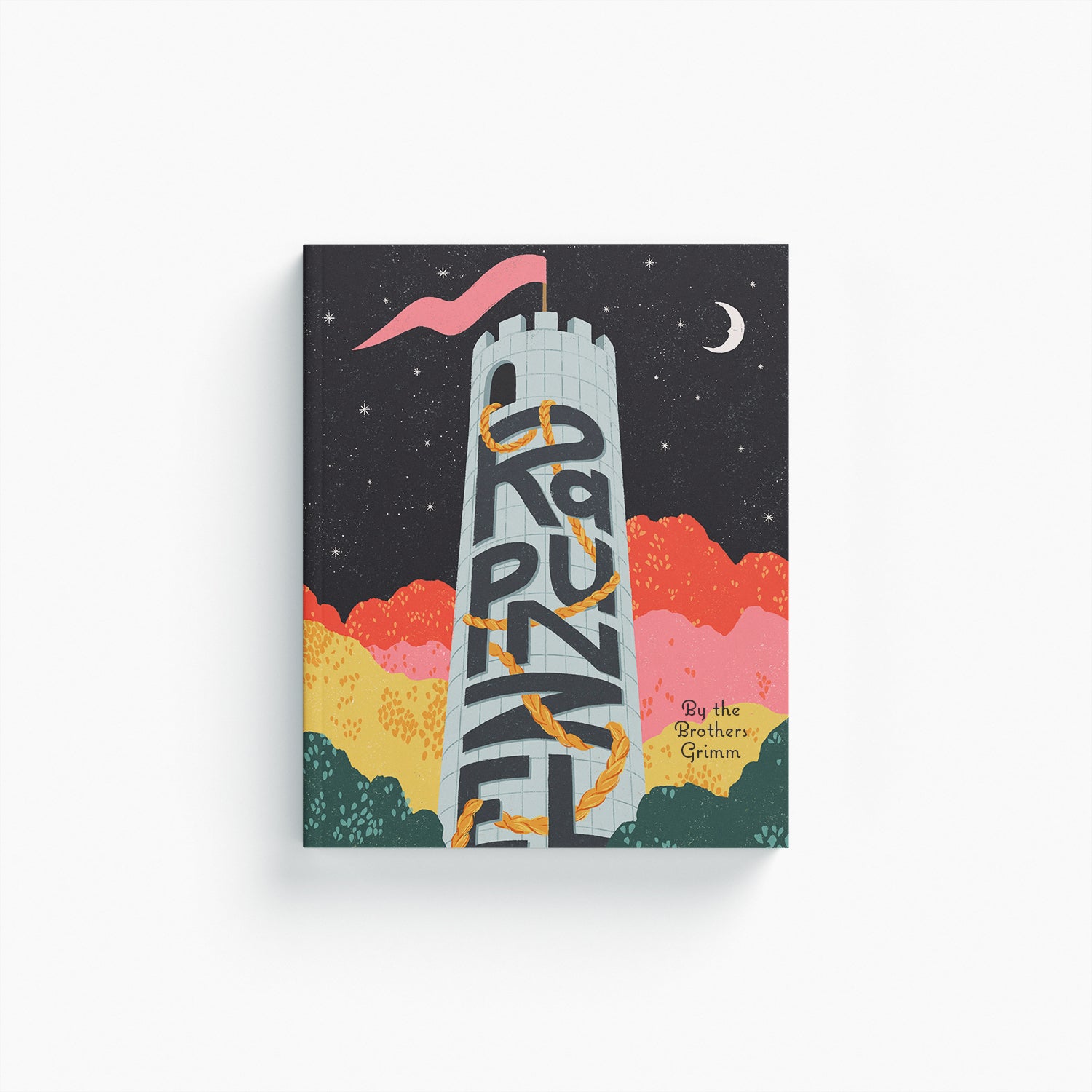 Book cover for Rapunzel fairy tale with colorful tower lettering design 