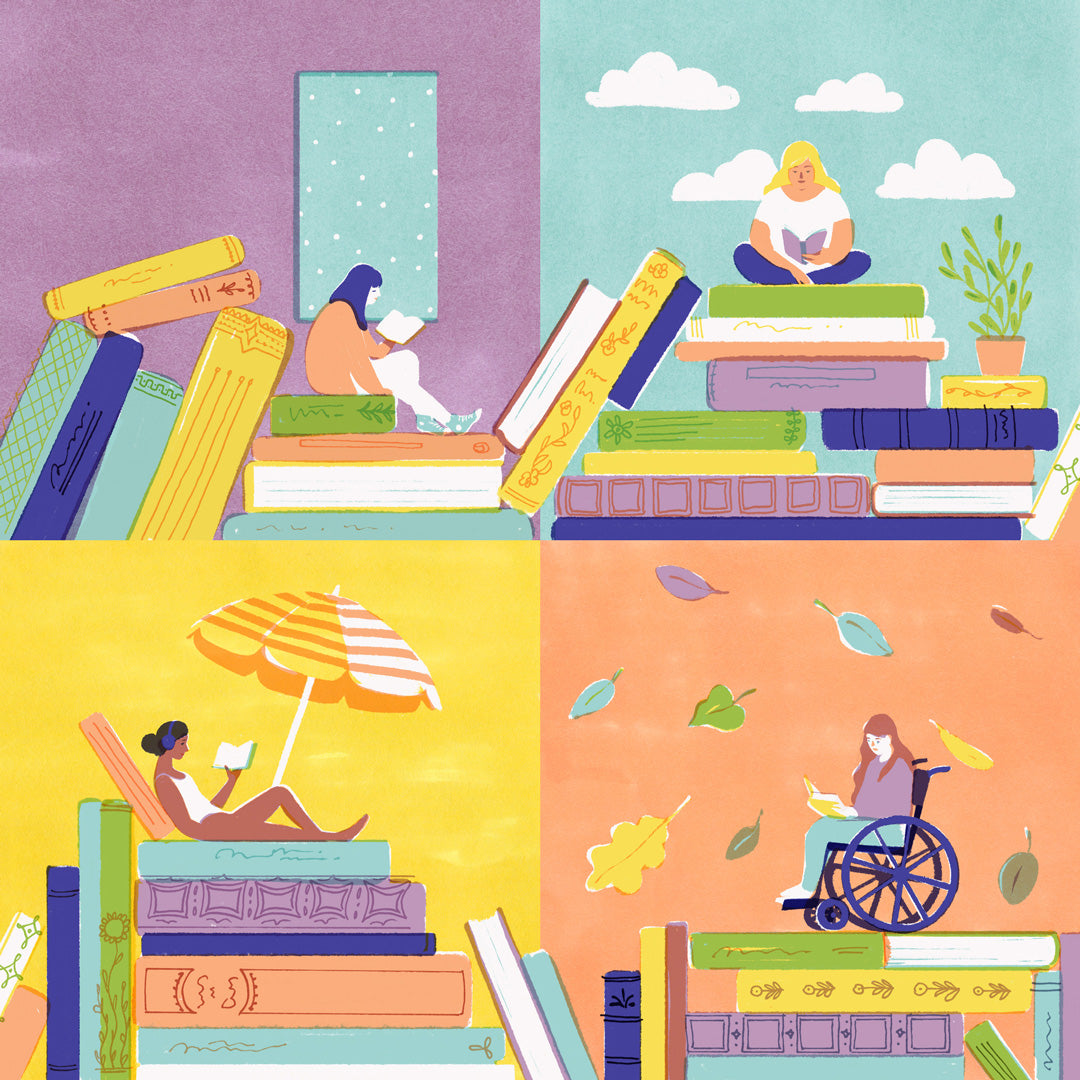 Illustrations of people reading on books with a colorful background
