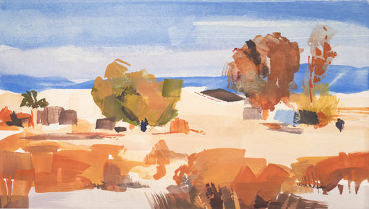 Original gouache painting on archival hot press paper. An abstracted desert landscape with saturated orange-reds and a clear blue sky. 