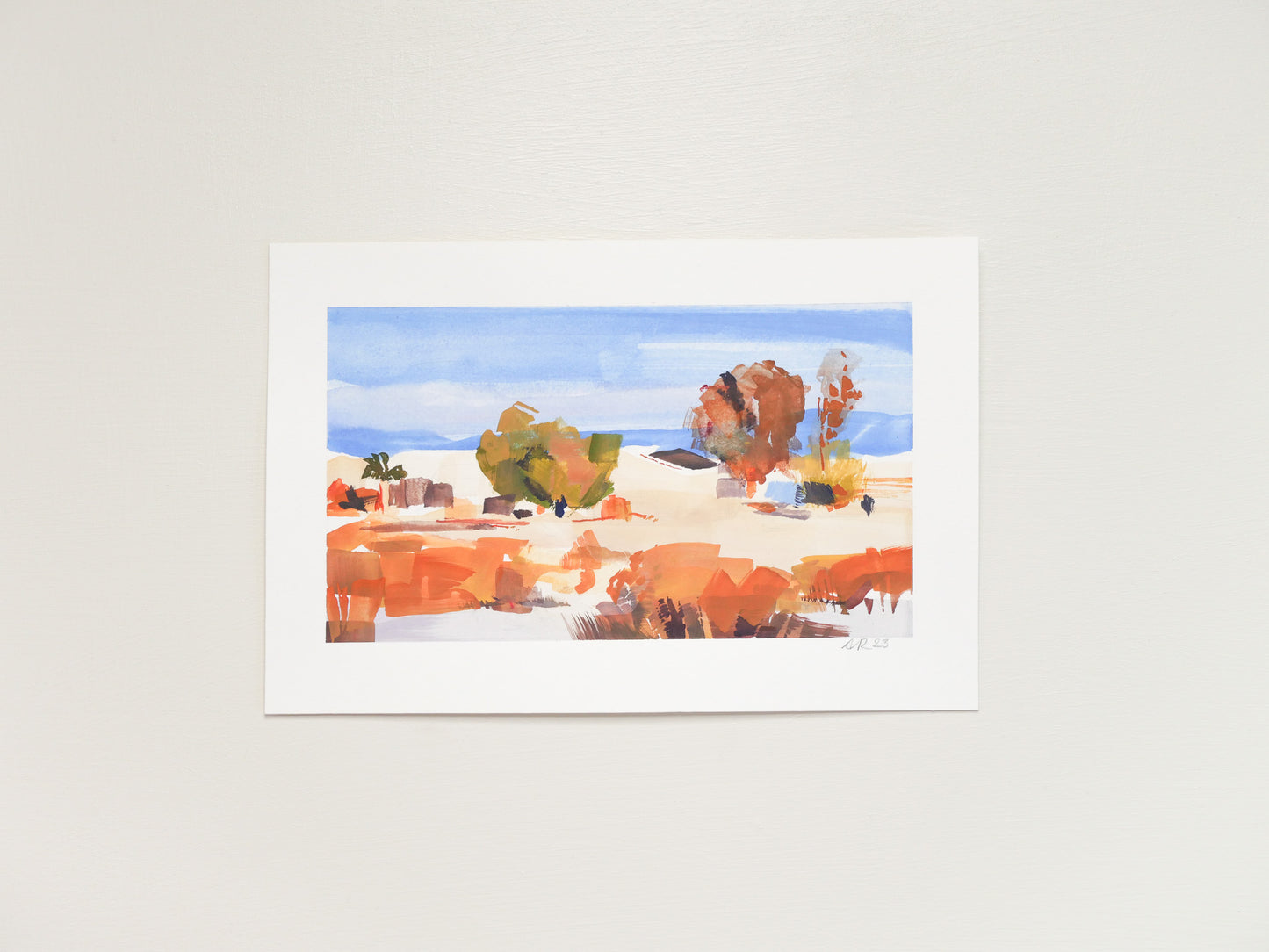Original gouache painting on archival hot press paper. An abstracted desert landscape with saturated orange-reds and a clear blue sky. 